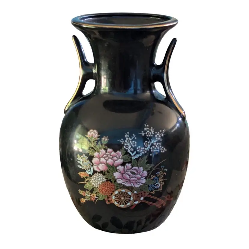 Vintage 8.25" Black Gloss Wagon Flowers Taiwan Asian Design Ceramic Vase Handles
