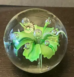 Glass Green Flower Paperweight Unmarked READ