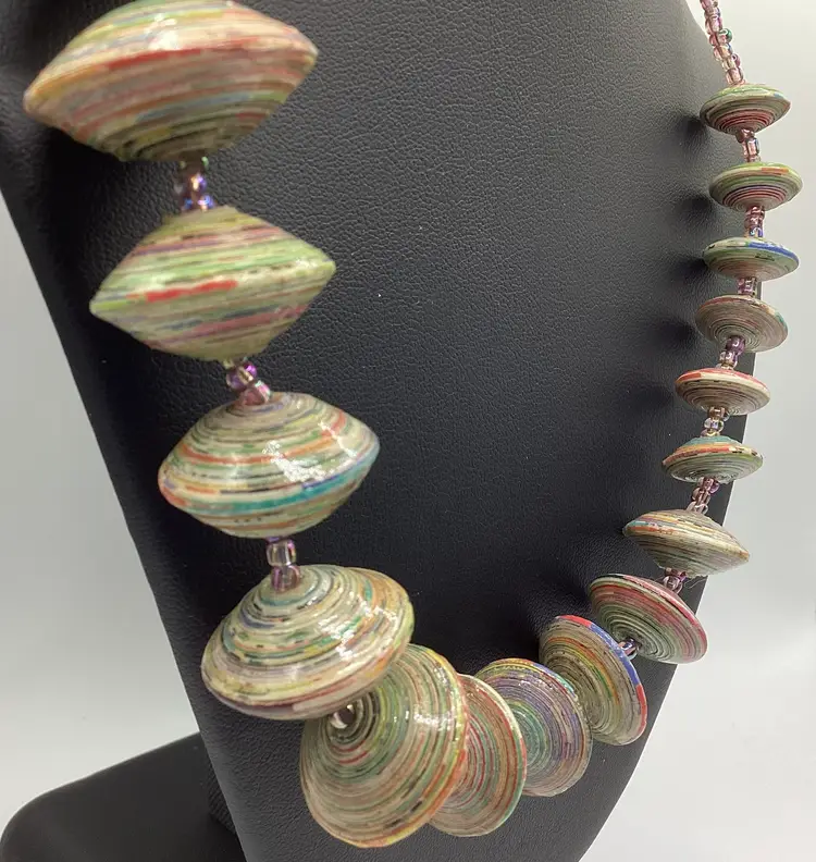 Gorgeous / Paper Rolled Disc Shaped Bead and Seed Bead Necklace 20”