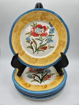 4 Pier 1 Provance Yellow Blue Flowers Salad Plate 8 3/8" Earthenware