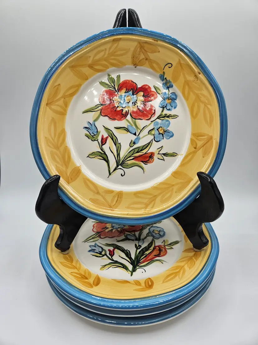 4 Pier 1 Provance Yellow Blue Flowers Salad Plate 8 3/8" Earthenware