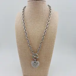 Vintage Silver Tone Puffy Rhinestone Heart Toggle Necklace 10”