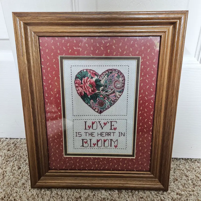 Vintage Cross Stitch Embroidery Sign Love is the Heart in Bloom