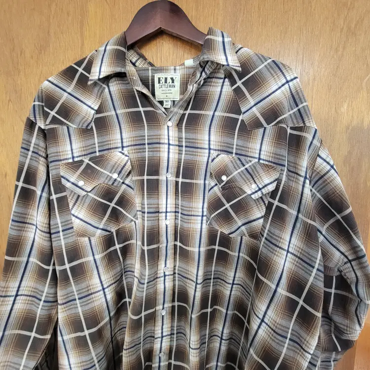 Ely Cattleman Shirt Mens XXLT Brown Plaid Western Pearl Snap Tall Cowboy Rodeo