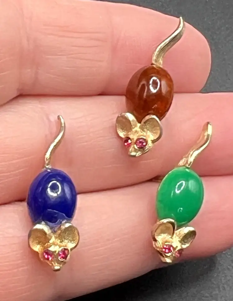 3 Lot Vtg Miniature Mouse Cabochon Jelly Belly Mice Set Blue Green Brown & Pink Eyes