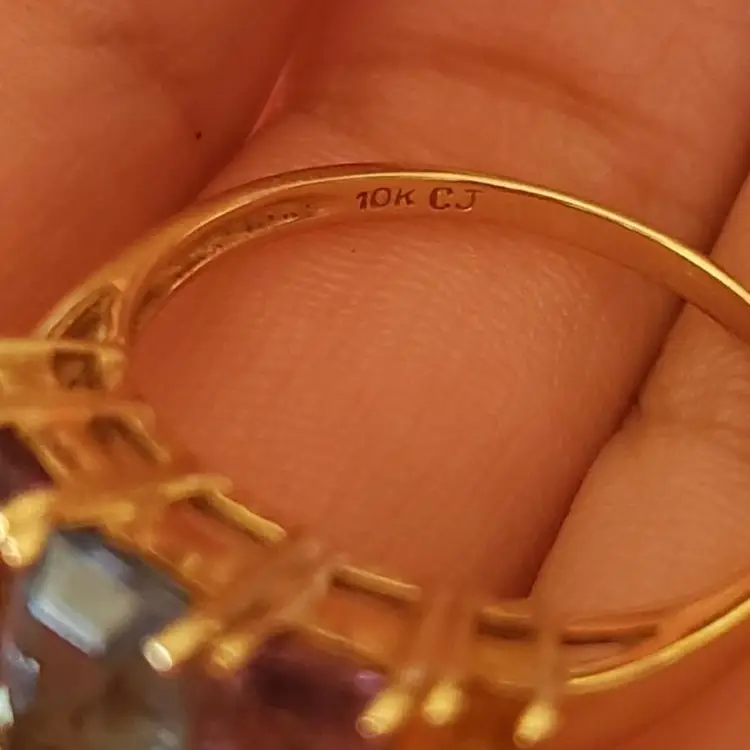 10k Yellow Gold 5 stone Emerald cut Gemstone Ring - Blue Topaz Amethyst Citrine