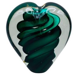 Art Glass Paperweight Heart Shape Green Swirl Shimmery