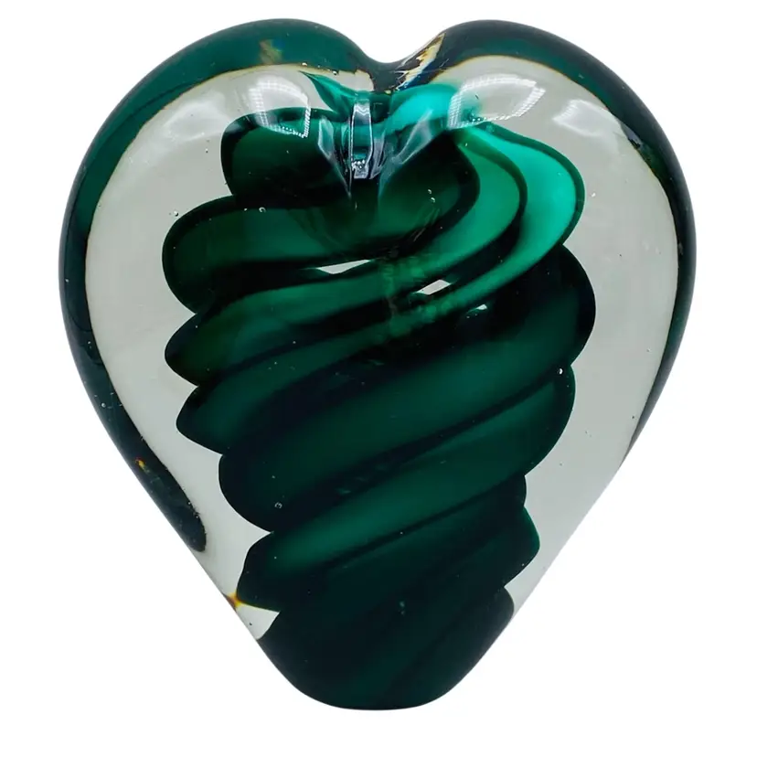 Art Glass Paperweight Heart Shape Green Swirl Shimmery