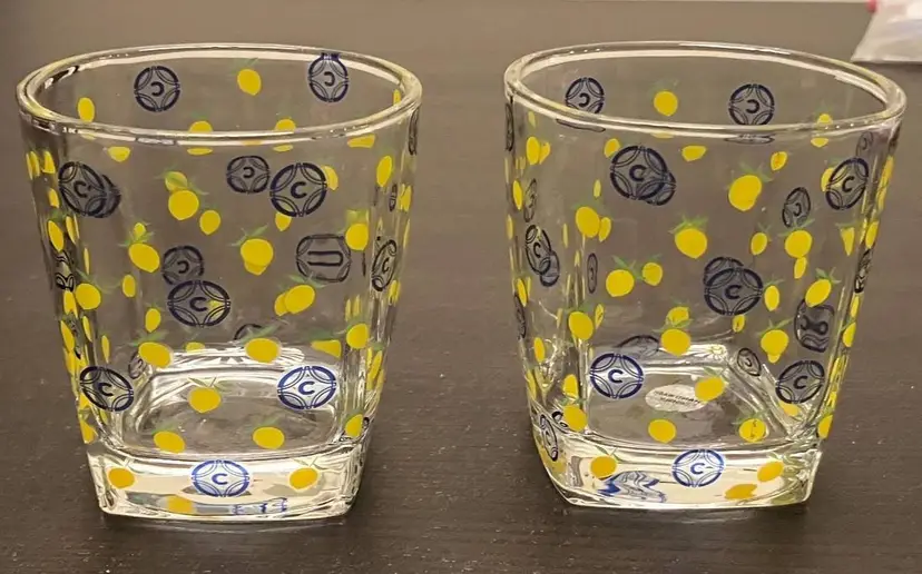 VTG Whiskey Glasses Blue C Yellow Lemon Lemoncello Set of 2