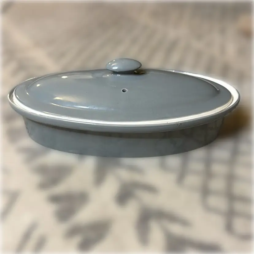 Vintage Hall Pottery Grey Small Lidded Casserole 761 - 10” long, 5.75” wide, and 2” tall
