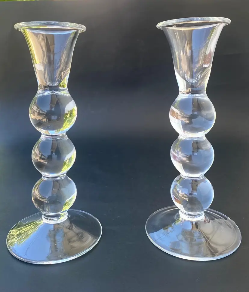 VTG Clear Glass 3 Ball Design Candlestick Holders - Set of 2