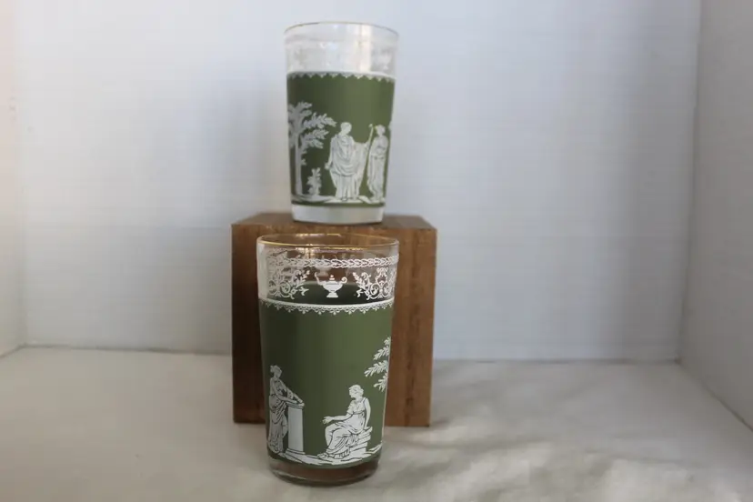 Vintage Jeannette Glass Juice Tumblers PAIR Hellenic Green Gold Trim 3 7/8" T