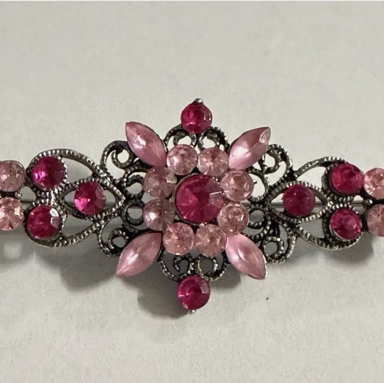 Vintage Rhinestone Floral Brooch Pink AB Silver
