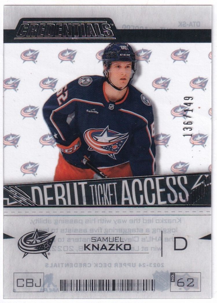 2023-24 Upper Deck Credentials Debut Ticket Access Acetate #DTASK Samuel Knazko Columbus Blue Jackets Hockey Card