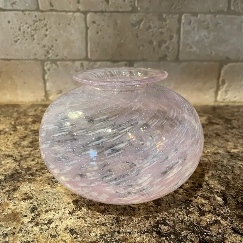 Handblown Pink White Art Glass Vase Rose Bowl Signed Dated