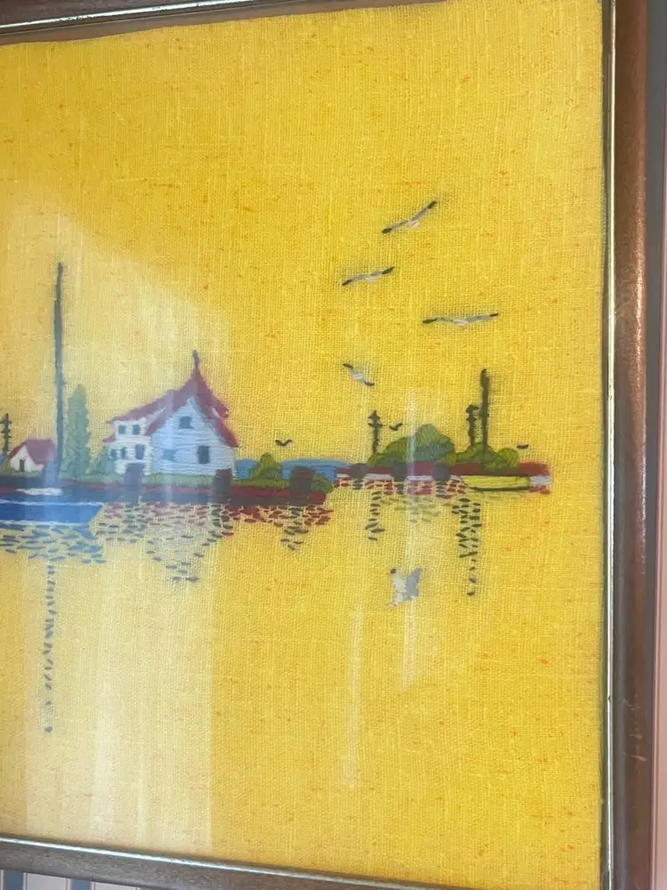 Vintage Embroidered Crewel “Seagulls In The Harbor” Framed Wall Hanging