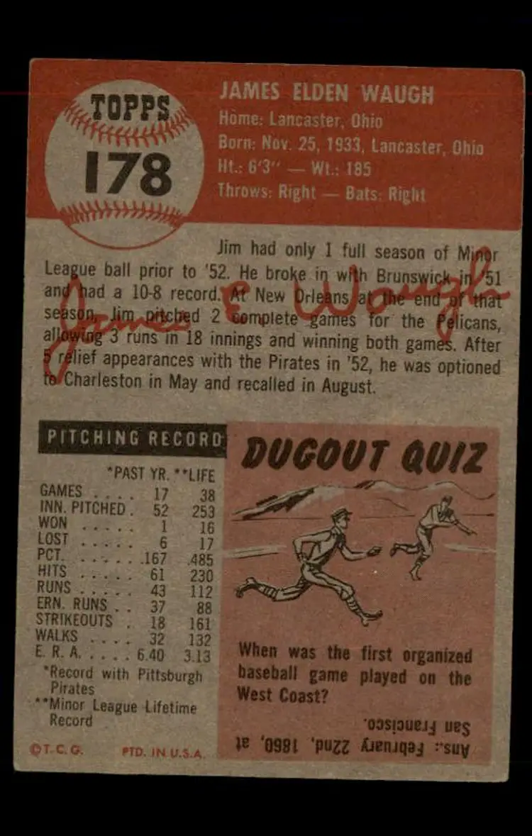 1953 Topps #178 Jim Waugh - (pk-tl1) - Pittsburgh Pirates