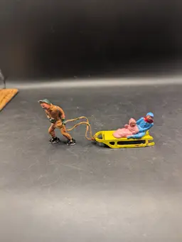 VINTAGE Barclay Toy Lead Figures Woman & Child on Sled Man GREAT PAINT.