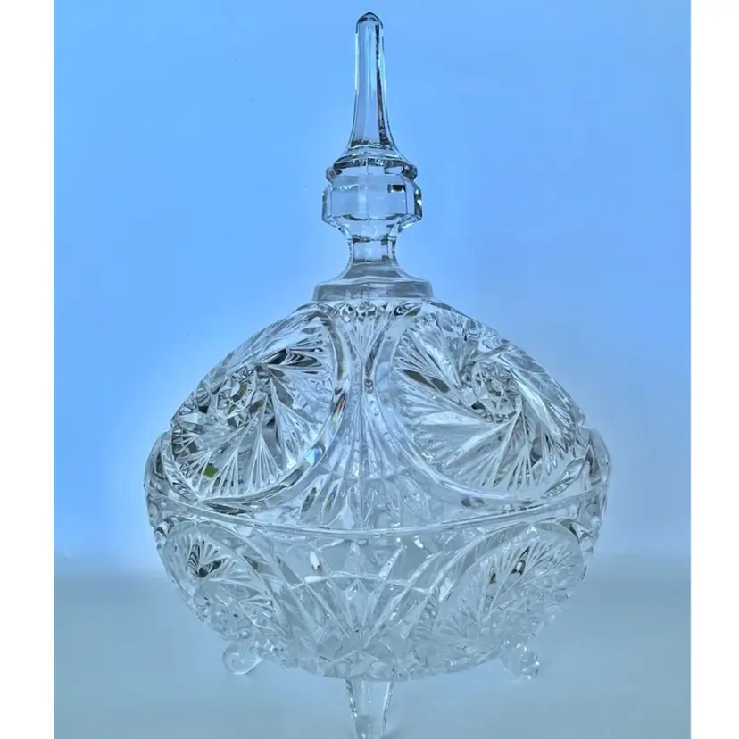 Stunning Crystal- Oval - 4-Toed- Lidded Candy Dish- Pinwheel- Likely By Auttra Crystal Corp, Made in Poland, Trinket, 10” Tall, 7” Wide
