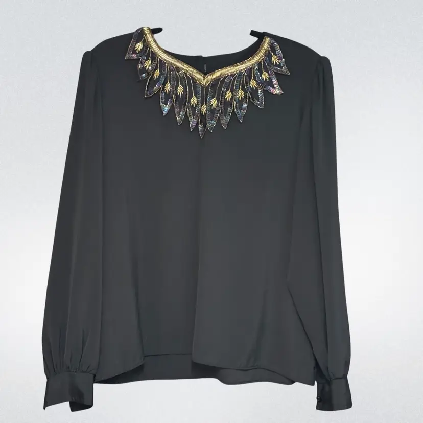 Black Vintage Blouse with Feather Beaded Bib