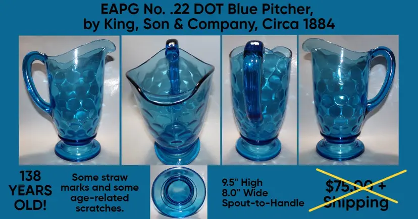 EAPG No. 22 DOT Blue Pitcher by King & Son, c.1884