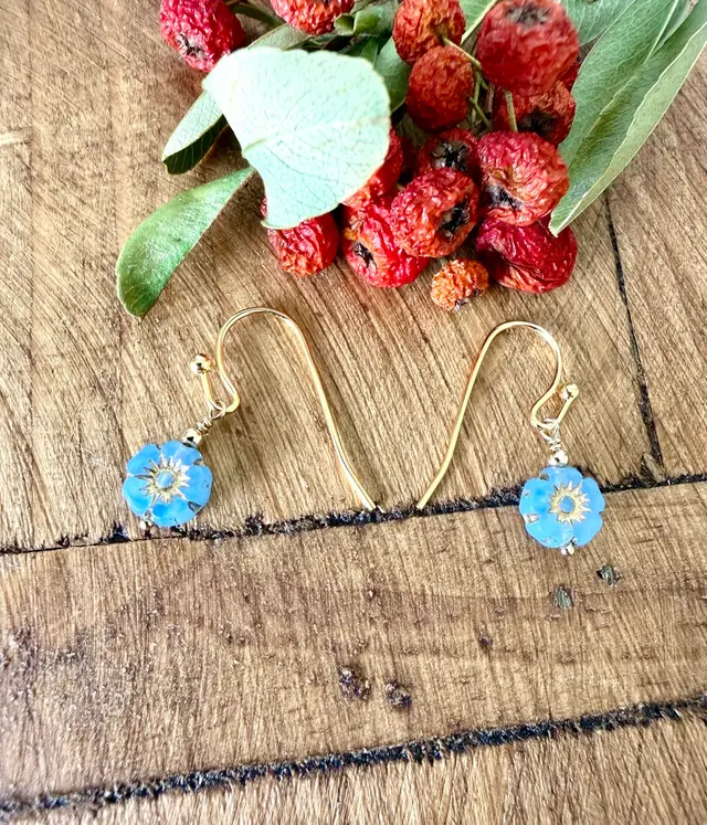 Dainty Blue Czech Glass Flower Earrings