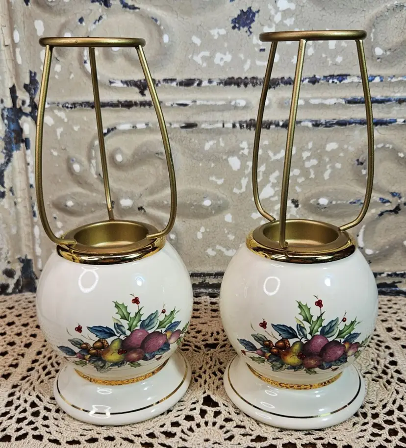 Pair of Lenox Holiday Tartan Holly Berries & Fruit Candle Lamps (No Shades)