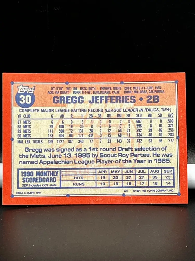 1991 Topps Baseball Trading Card Mets Gregg Jefferies #30