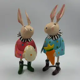 Retired Metal MacKenzie-Childs Hip Hop Easter Bunny Pair With Polka Dot Outfits. Has A Few Paint Marks Missing In Some Spots.