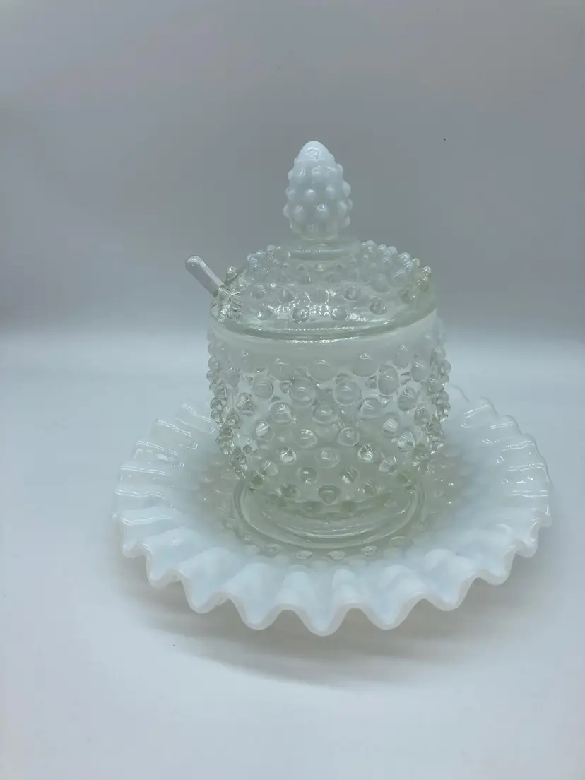 Vintage Hobnail Opalescent Glass Sugar/Jam Bowl with Lid and Spoon