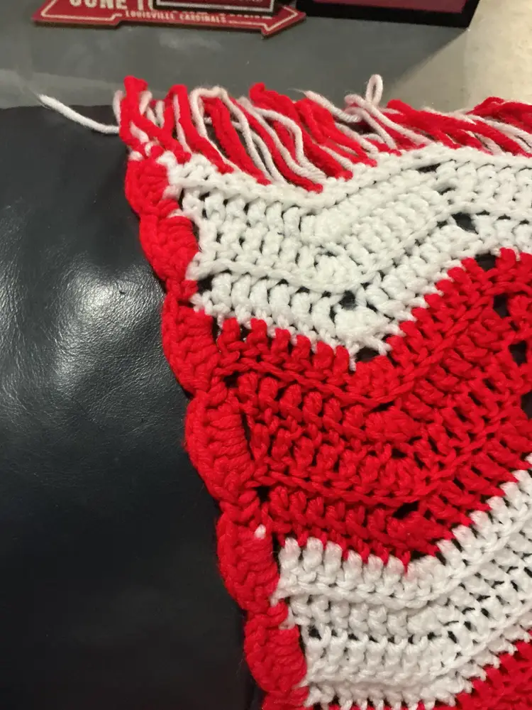 Red and White chevron afghan with fringe. 144x80. Perfect for twin bed or on couch.