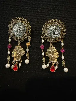 Vintage Greek Coin Chandelier Earrings Pearl Pink Crystal Brass Dangles. 3 In
