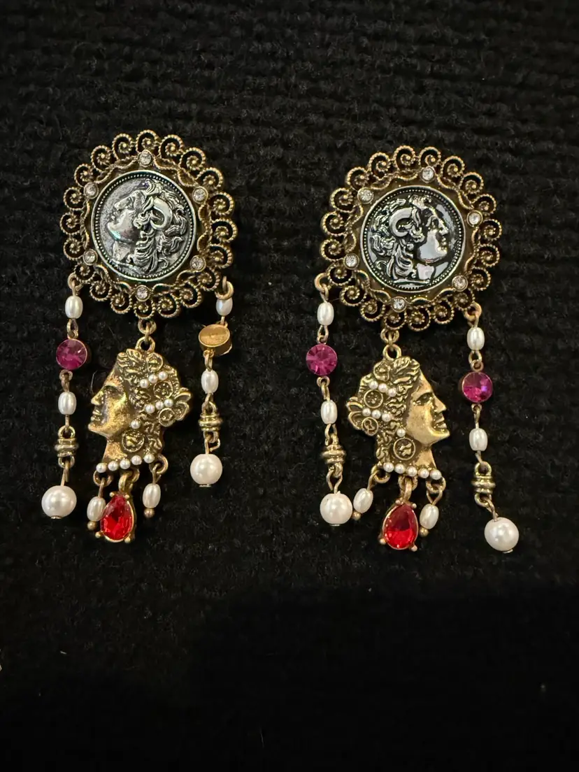 Vintage Greek Coin Chandelier Earrings Pearl Pink Crystal Brass Dangles. 3 In