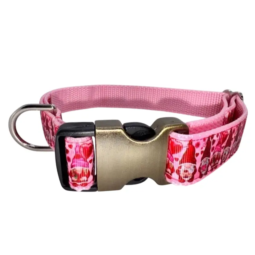 Dog Collar Pink & Red Gnomes Valentine’s Large Handmade Heavy Duty W/Buckle NEW