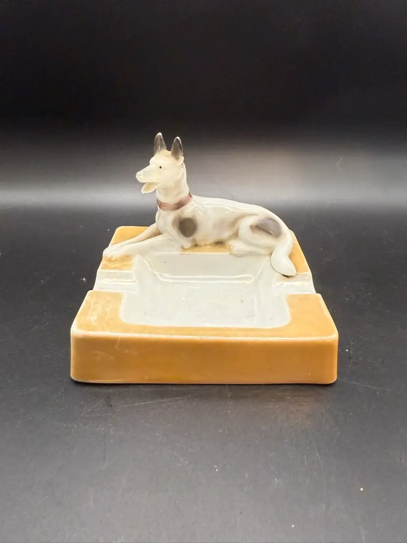 Vintage Hand Painted Lusterware German Shepherd Ashtray Made In Japan