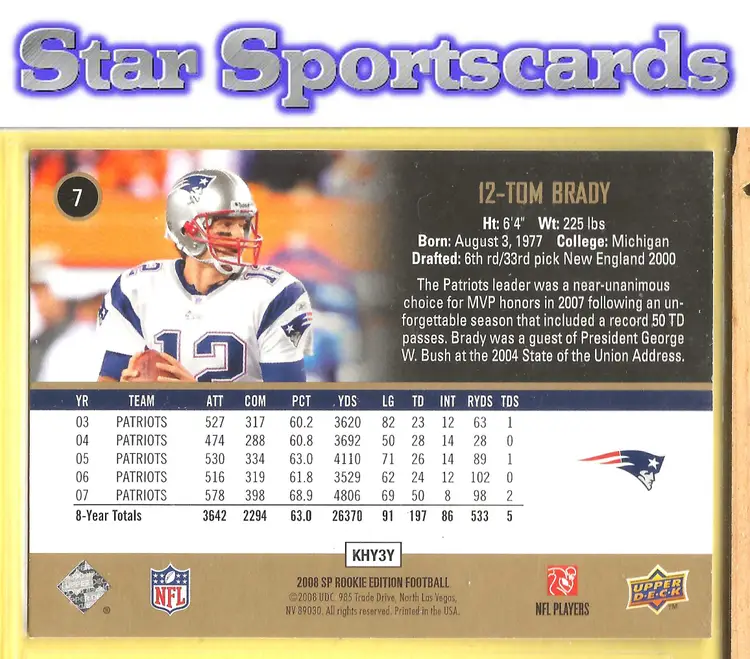 2008 SP Rookie Edition #7 Tom Brady New England Patriots