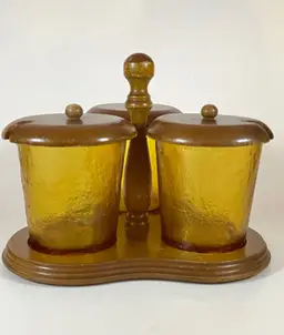 *VTG* Wood & Textured Amber 3-Glass Lidded Condiment Caddy/Serving Set