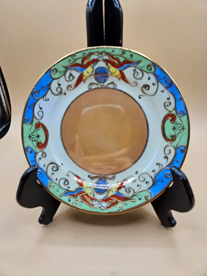 Gold Moriage Blue Green & Peach Lustre Colorful Birds Handpainted 7.25" Plate, Japan