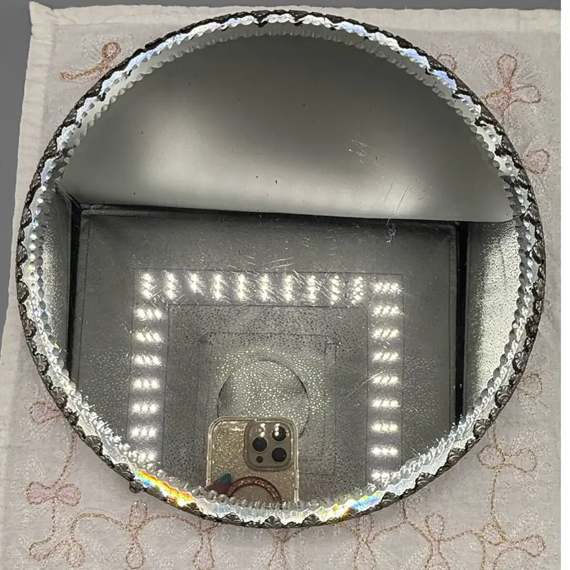 Antique Victorian Silvered Cast Brass Footed “Pie Crust” Edge Mirror Vanity Tray 10x1.5”