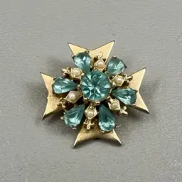 Vintage Gold Tone Maltese Cross Brooch Blue Rhinestone Starburst Pin 1.5"