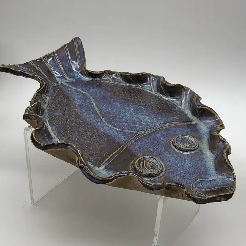 Handmade Pottery Fish Dish Signed Hemry 10” x 7”