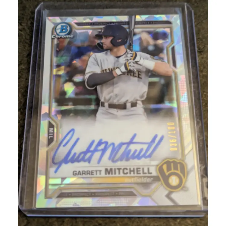 Garrett Mitchell 2021 Bowman Chrome Autograph Atomic Refractor Parallel SN /100