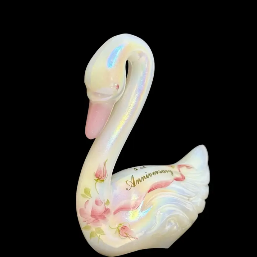 Fenton Swan Figurine 1989 1st Anniversary White Iridescent Hand Painted Pink Roses Signed
4-1/4β T x 4β x 1-3/4β W