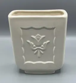 Vintage Off White Embossed Tulip Flower Footed Square Vase - READ