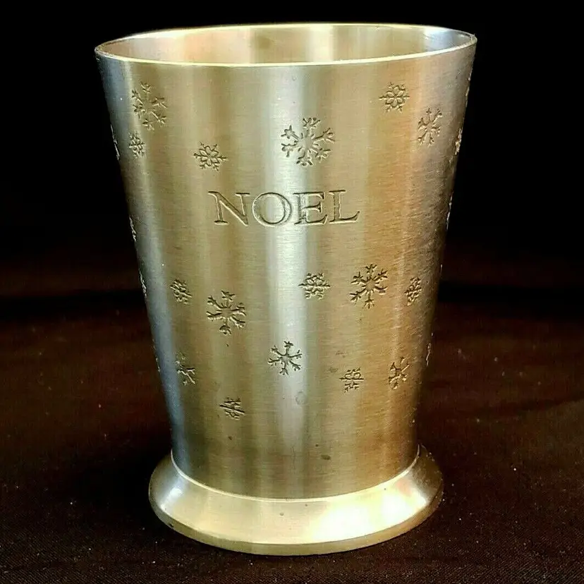 Holiday NOEL Snowflakes Metal Cup / Vase Etched 4 1/4" tall approx.  READ DESC.