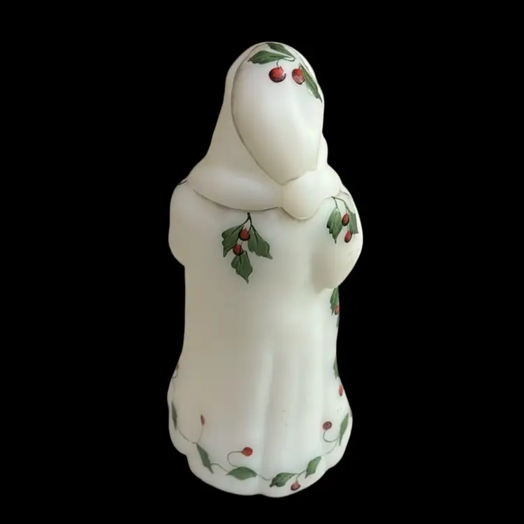 9” White Satin Milk Glass Santa Handpainted Holly Design, Holding Teddy Bear - Artist Signed & Shelly Fenton Signed