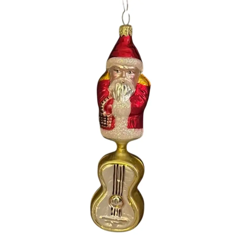 Vintage Christopher Radko "Guitar Santa" Blown Glass Santa Claus Ornament Red•Gold 1994
7” T x 1-3/4” L x 1” W