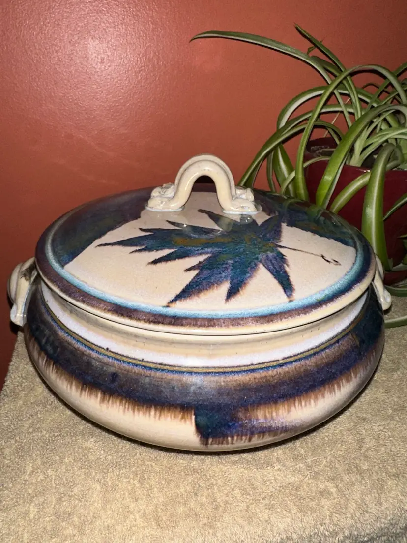 Randy Pearsall Casserole Dish W/Lid Ivory Beige Blue Purple Leaf Studio Pottery