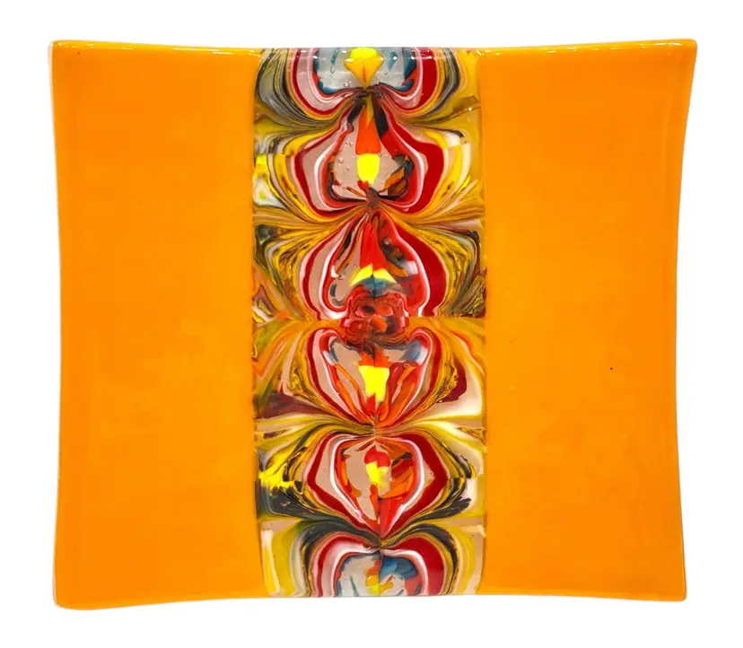 April’s Fused Art Glass Plate Dish Yellow Orange Red Marbled Stripe Square 7.25”
