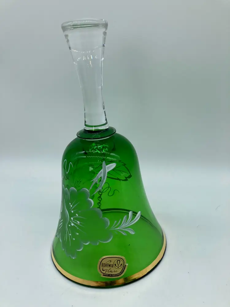 Bohemia Glass Czech Green Art Glass Bell Hand Painted In Czechoslovakia 6"